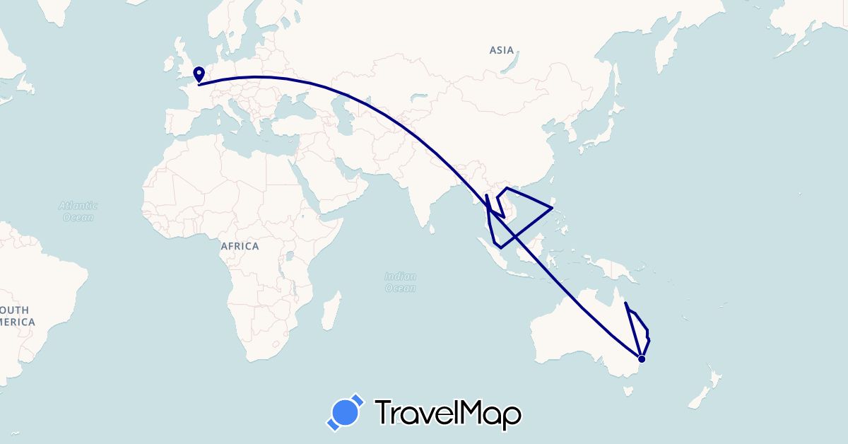 TravelMap itinerary: driving in Australia, France, Cambodia, Laos, Malaysia, Philippines, Singapore, Thailand, Vietnam (Asia, Europe, Oceania)